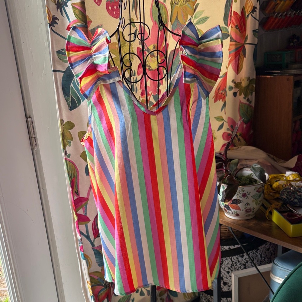 entro Rainbow Striped Tank Top with Ruffles Straps - Multicolor